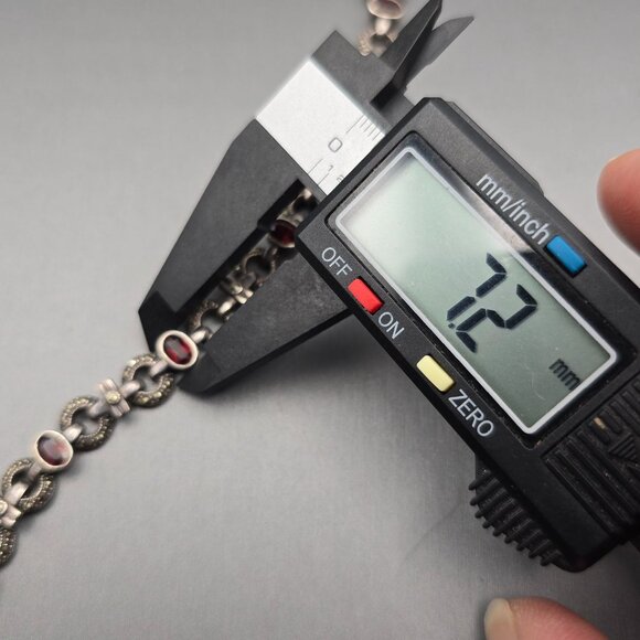 VTG Sterling Silver Garnet & Marcasite Link Bracelet 7.5" RF Hallmark Box Clasp - Picture 11 of 14